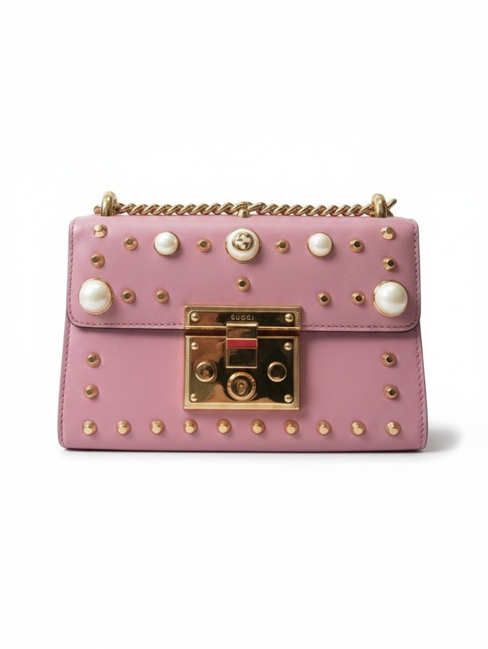 Gucci Padlock Pearl Stud Pink Leather Shoulder Bag Authentic